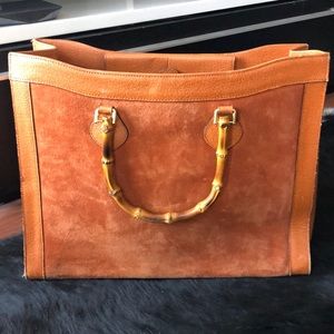 Vintage Suede Tote Bag with Bamboo Handles